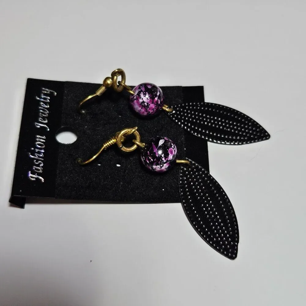 Gold Tone Purple Bead Black Metal Dangling Earrings